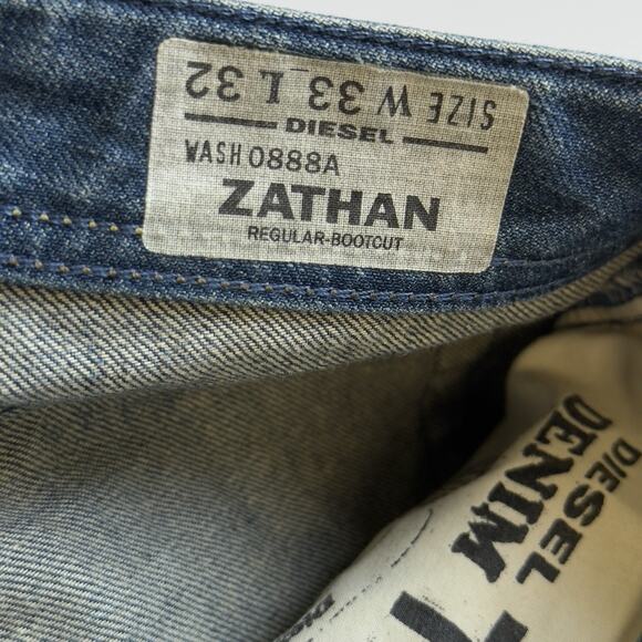 Vintage Diesel Zathan Jeans 0888A 33x32 Wide Bootcut Leg Aged Blue Only The Brav - Picture 6 of 12